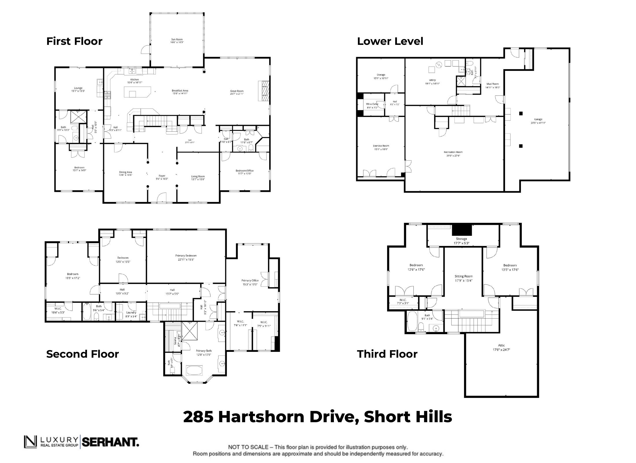 Floor plans for all four levels of 285 Hartshorn Drive, Short Hills, NJ