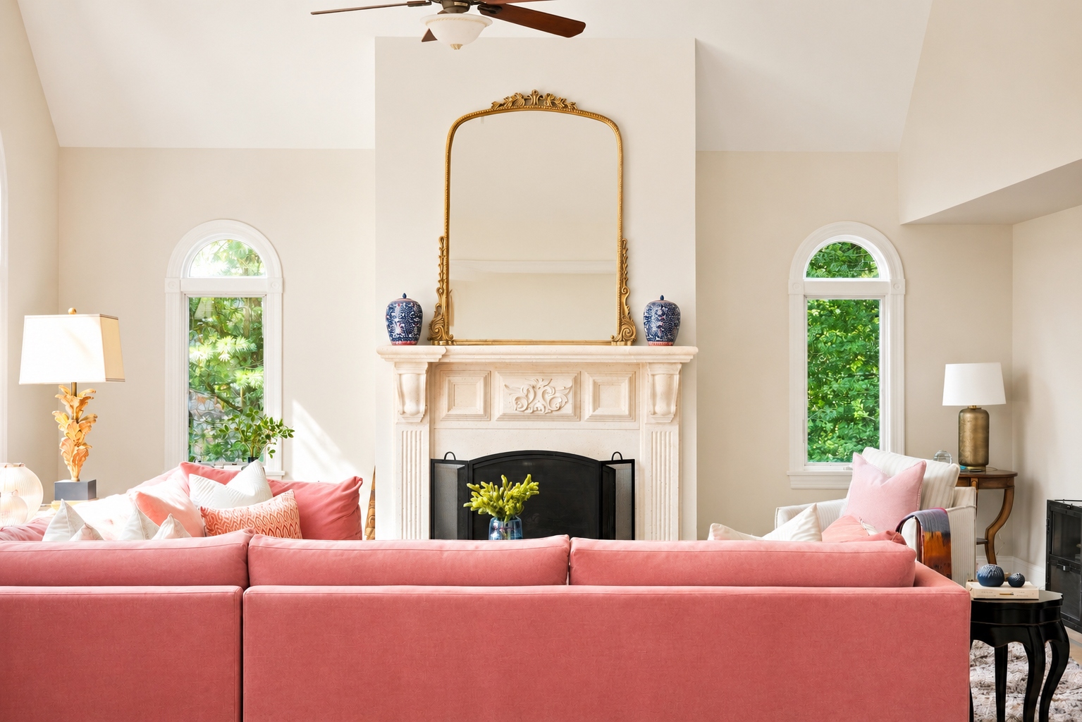 great room at 285 Hartshorn Drive with a marble fireplace and vaulted, sunlit ceiling