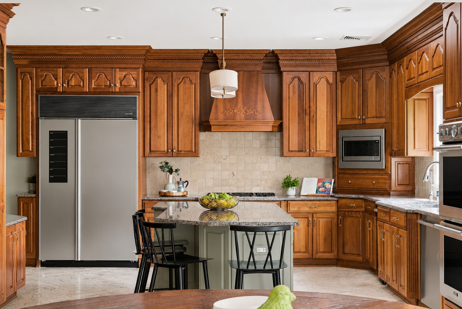 Gourmet kitchen with granite counters and marble backsplash at 285 Hartshorn Drive, Short Hills