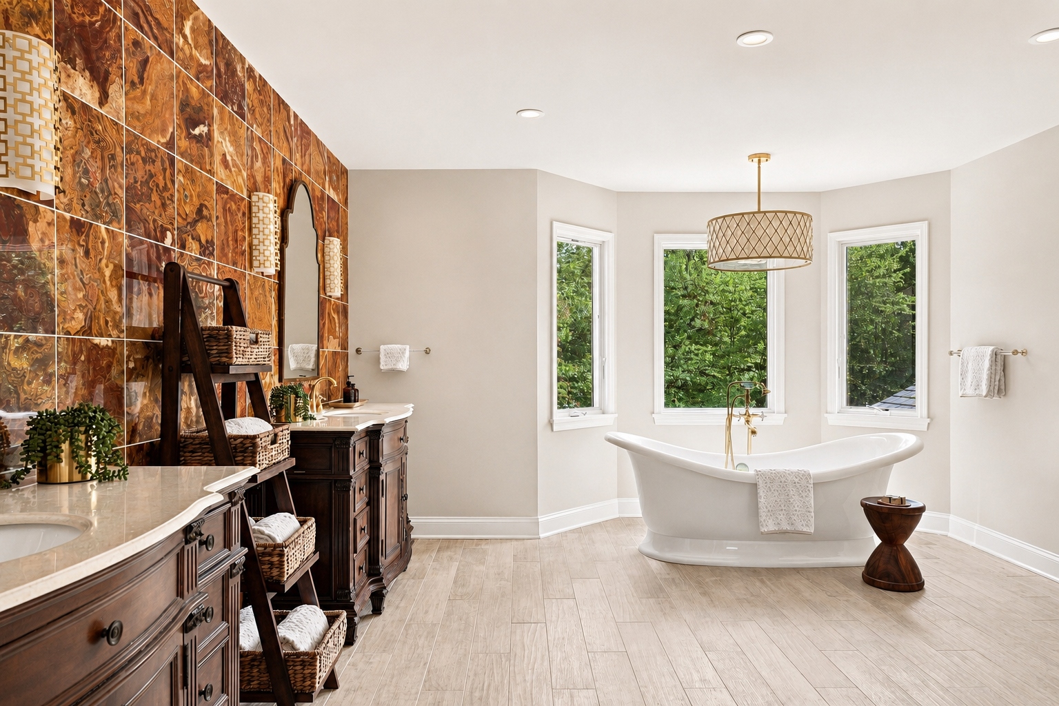 primary bathroom at 285 Hartshorn Drive with a freestanding soaking tub and marble-tiled accent wall